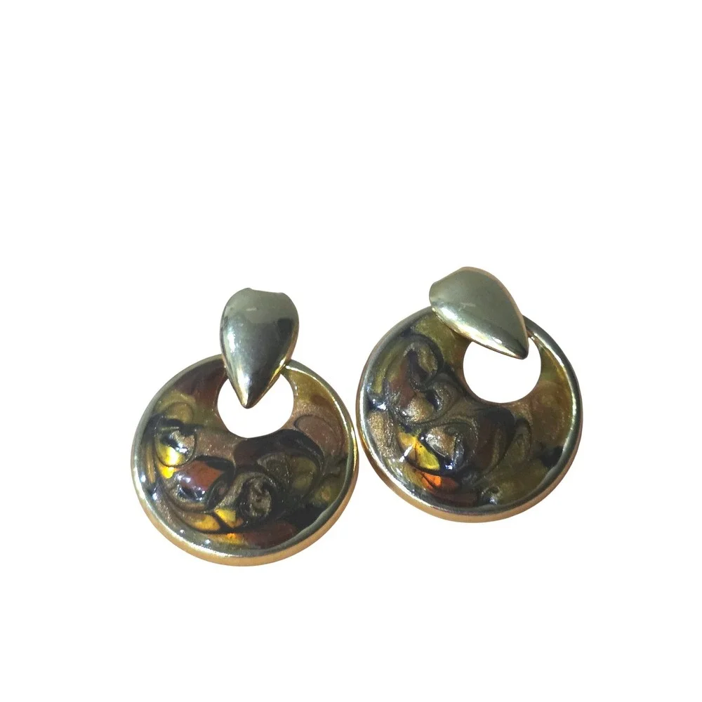 Vintage Style Gold Tone Enamel Abstract Swirl Door Knocker Drop‎ Stud Earrings